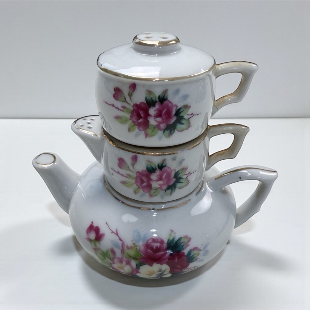 Vintage MCM Consco Japan Mini Stacking Salt Pepper Shaker Sugar Bowl Set Floral